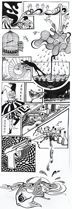 A page of black-and-white ink panel illustrations, including a birdcage, a jester labeled Joker, and a revolver