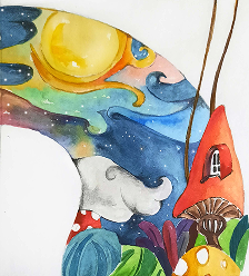 Watercolor illustration of a moonlit dreamscape with a sun, waves, and mushrooms