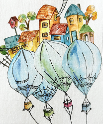 Watercolor illustration of hot air balloons rising over a small village