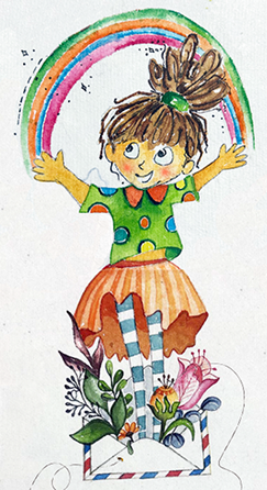 Watercolor illustration of a girl reaching up toward a rainbow, standing among flowers