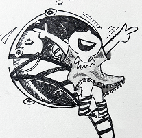 Ink illustration of a character skating inside a circular frame