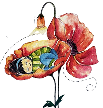 Watercolor illustration of a baby sleeping inside a poppy flower, lit by a lamp