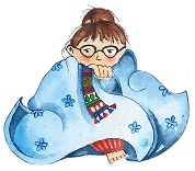 Illustrated self-portrait, wrapped in a blue blanket