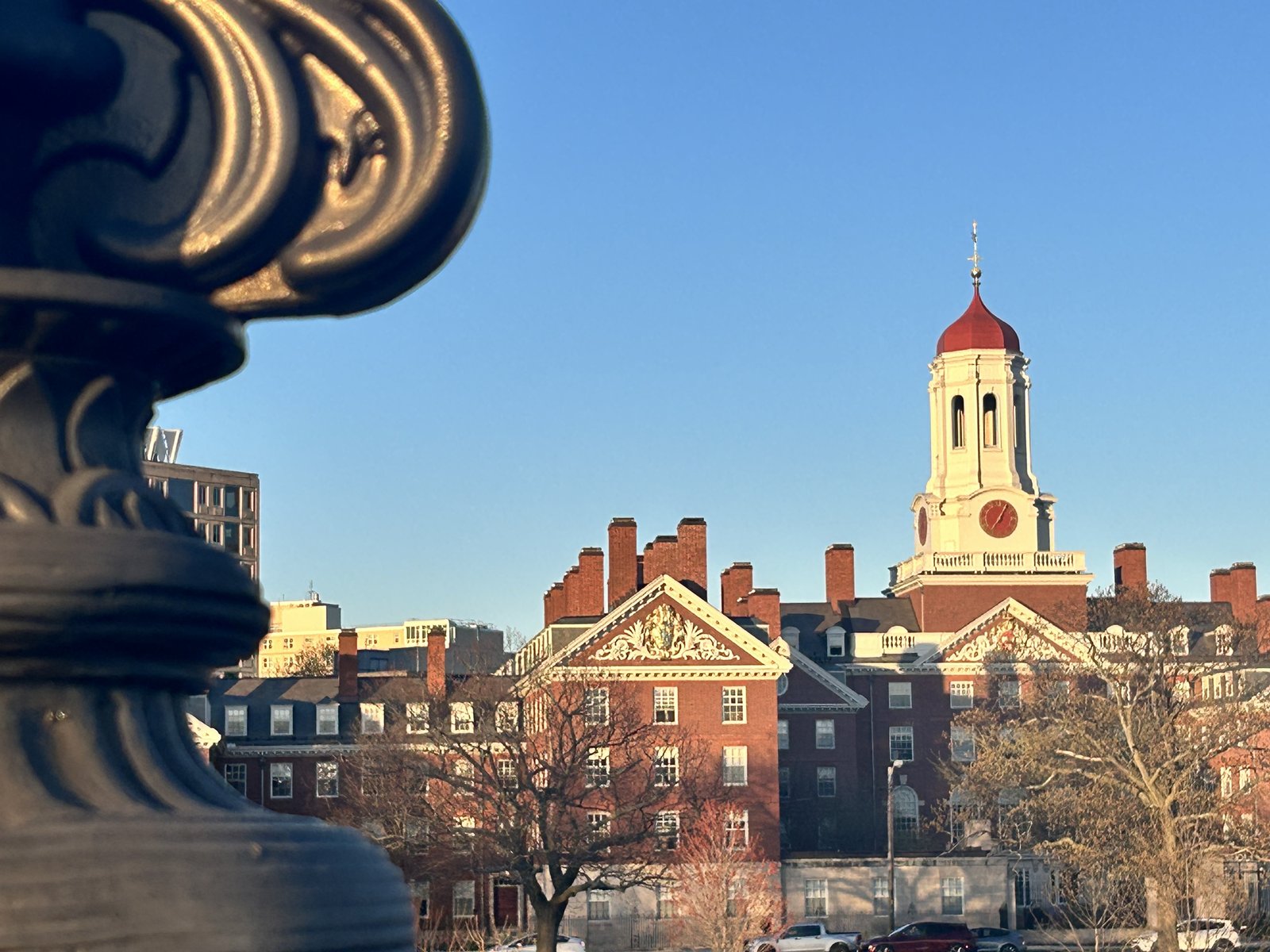 A campus building with a red-domed clock tower, seen past a dark wrought-iron lamppost in the foreground under a clear blue sky